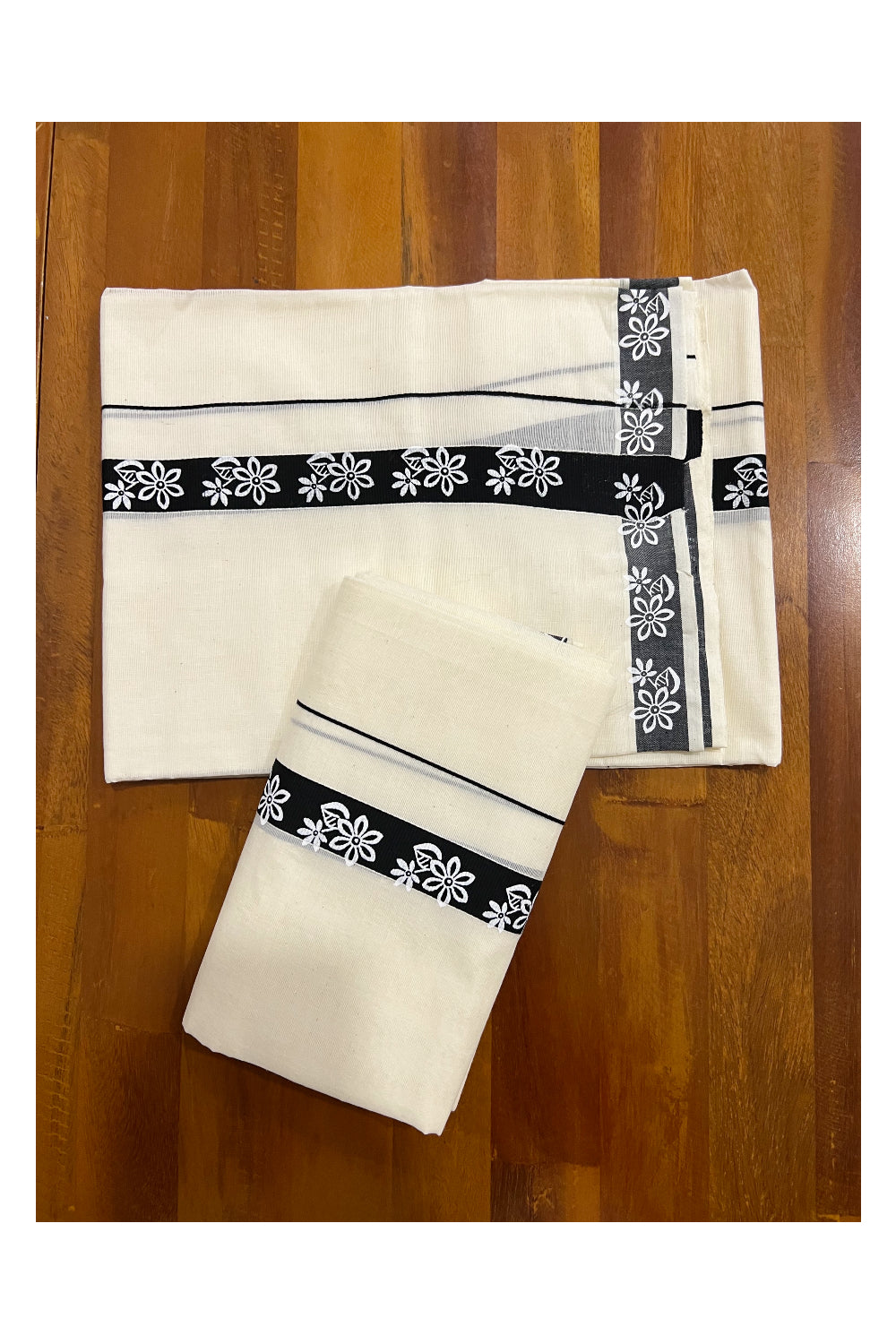 Pure Cotton Set Mundu (Mundum Neriyathum) with White Floral Block Prints on 1 inch Black Border