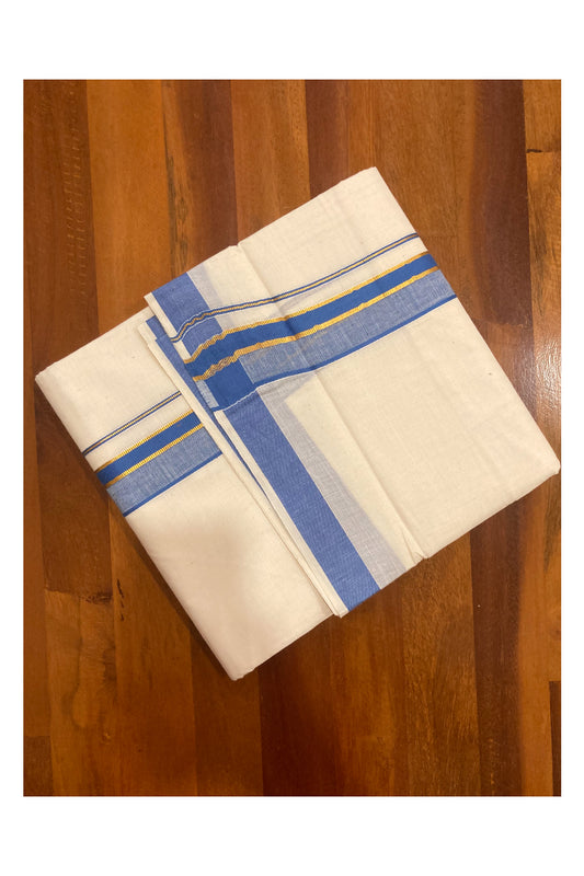 Off White Pure Cotton Double Mundu with Kasavu and Blue Border (South Indian Dhoti)