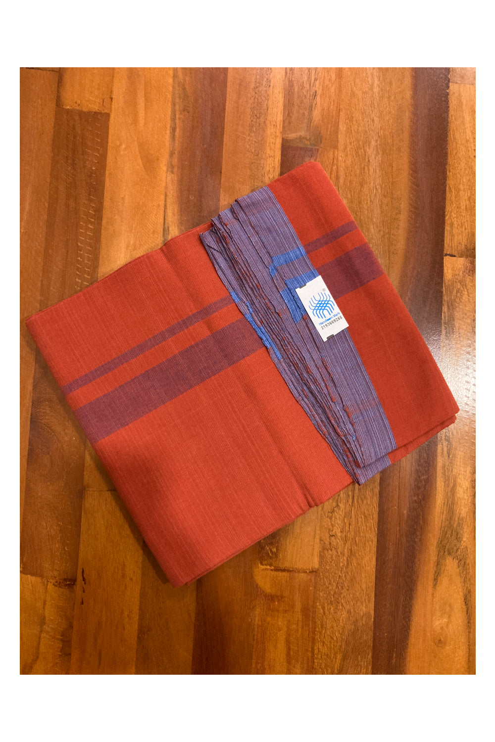 Southloom Premium Handloom Dark Orange Solid Single Mundu (Lungi) with Blue Border