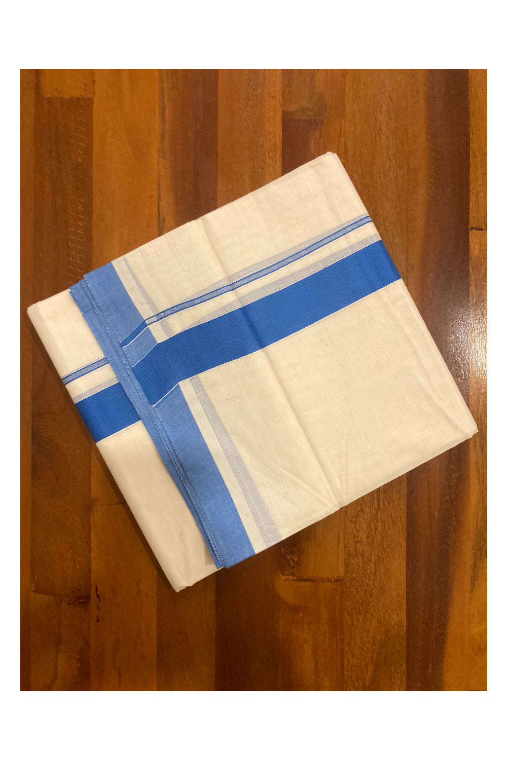 Off White Pure Cotton Double Mundu with Blue Border (South Indian Kerala Dhoti)