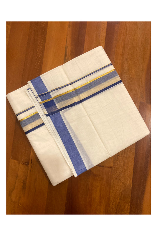 Off White Kerala Double Mundu with Blue and Kasavu Border (South Indian Dhoti)