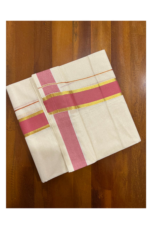 Off White Kerala Double Mundu with Kasavu and Pink Border (South Indian Dhoti)