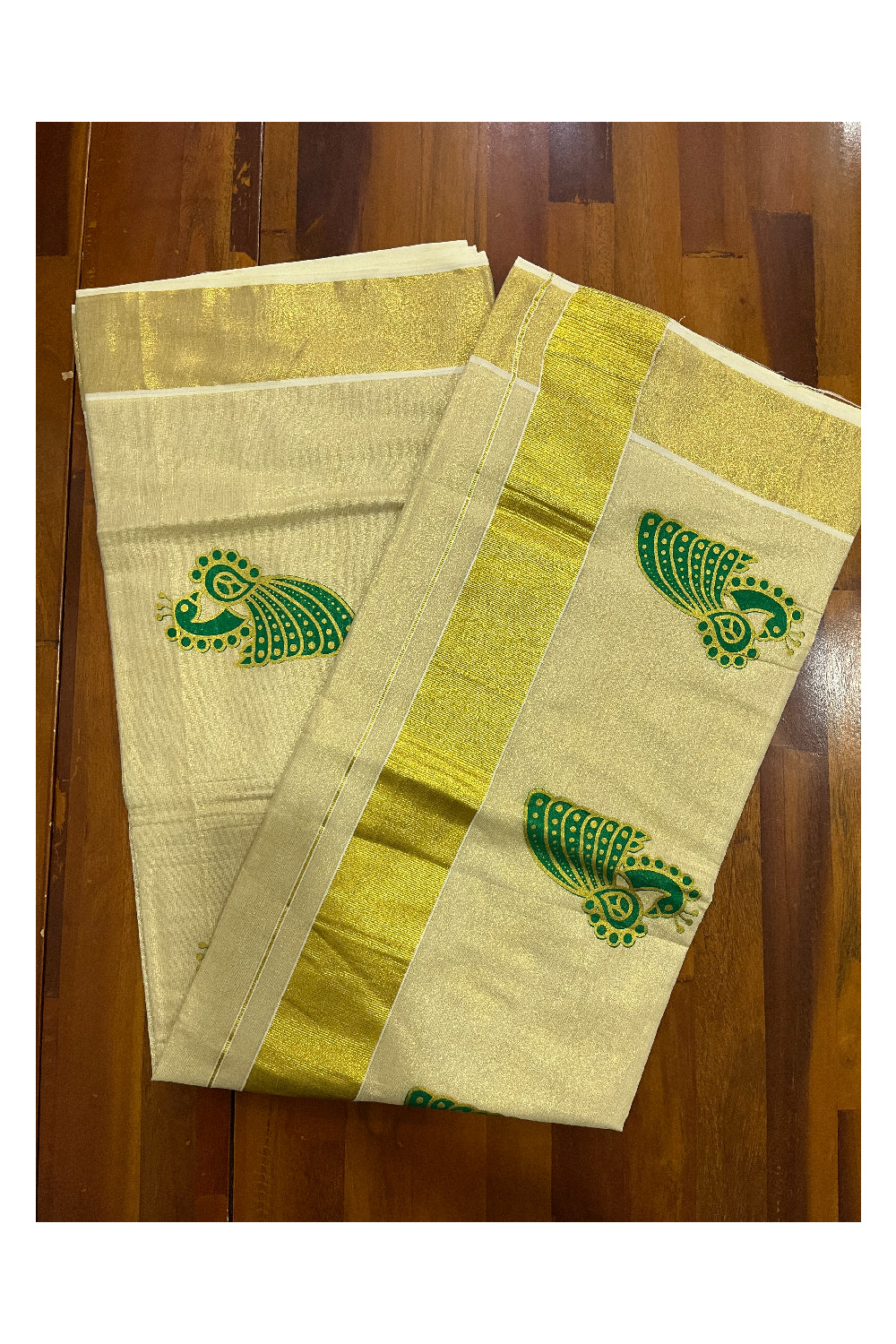 Kerala Tissue Kasavu Green Golden Peacock Block Printed Design Saree