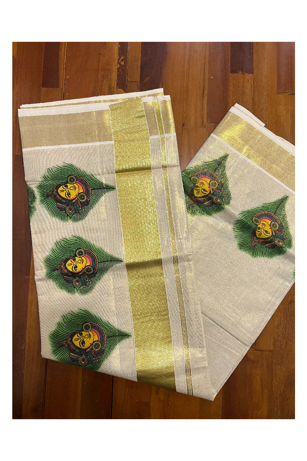 Kerala Tissue Kasavu Saree With Mural Krishna Face on Feather Design