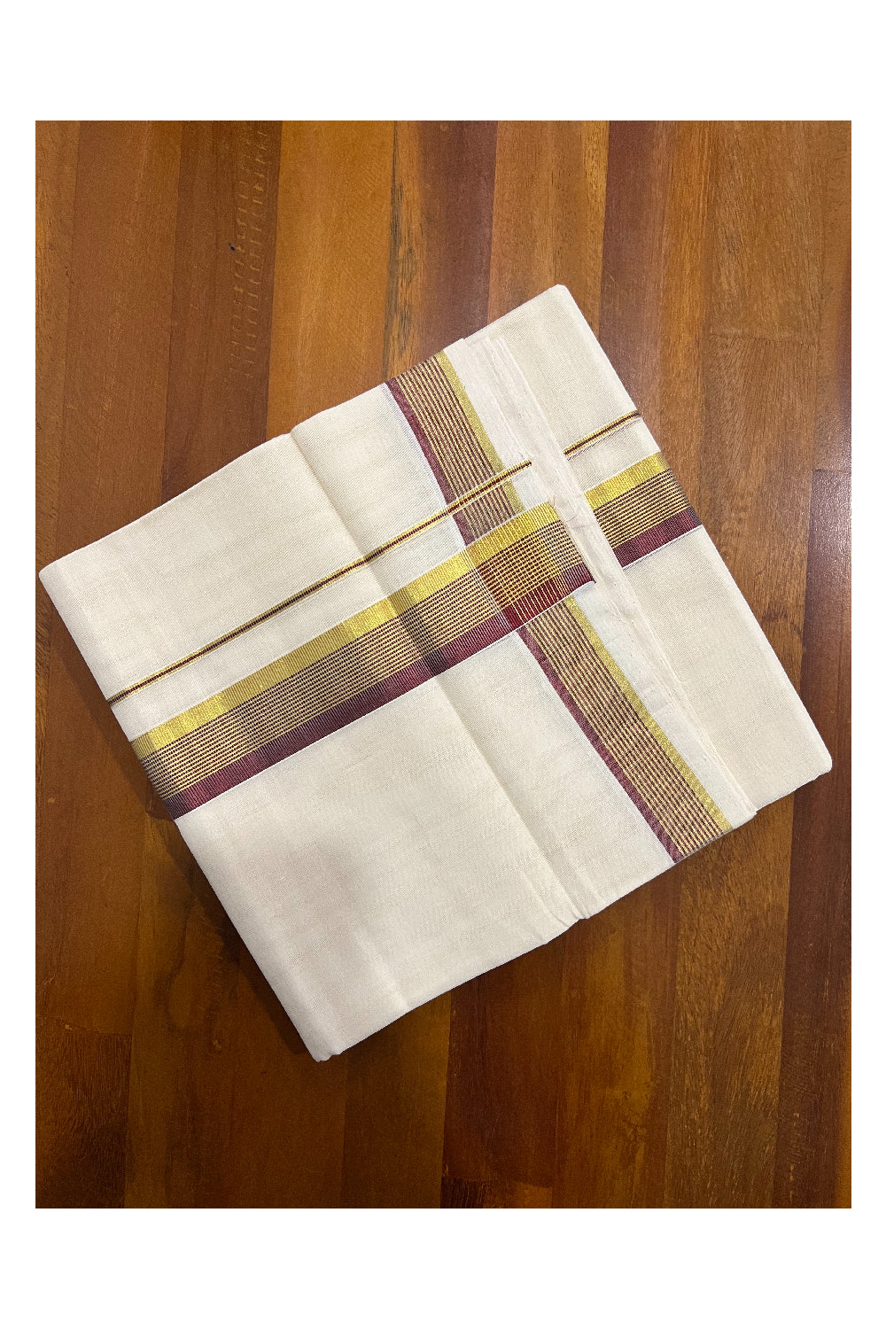 Southloom Balaramapuram Handloom Pure Cotton Mundu with Golden and Brown Kasavu Border (South Indian Kerala Dhoti)