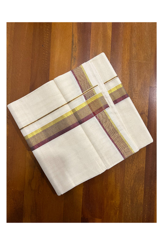 Southloom Balaramapuram Handloom Pure Cotton Mundu with Golden and Brown Kasavu Border (South Indian Kerala Dhoti)