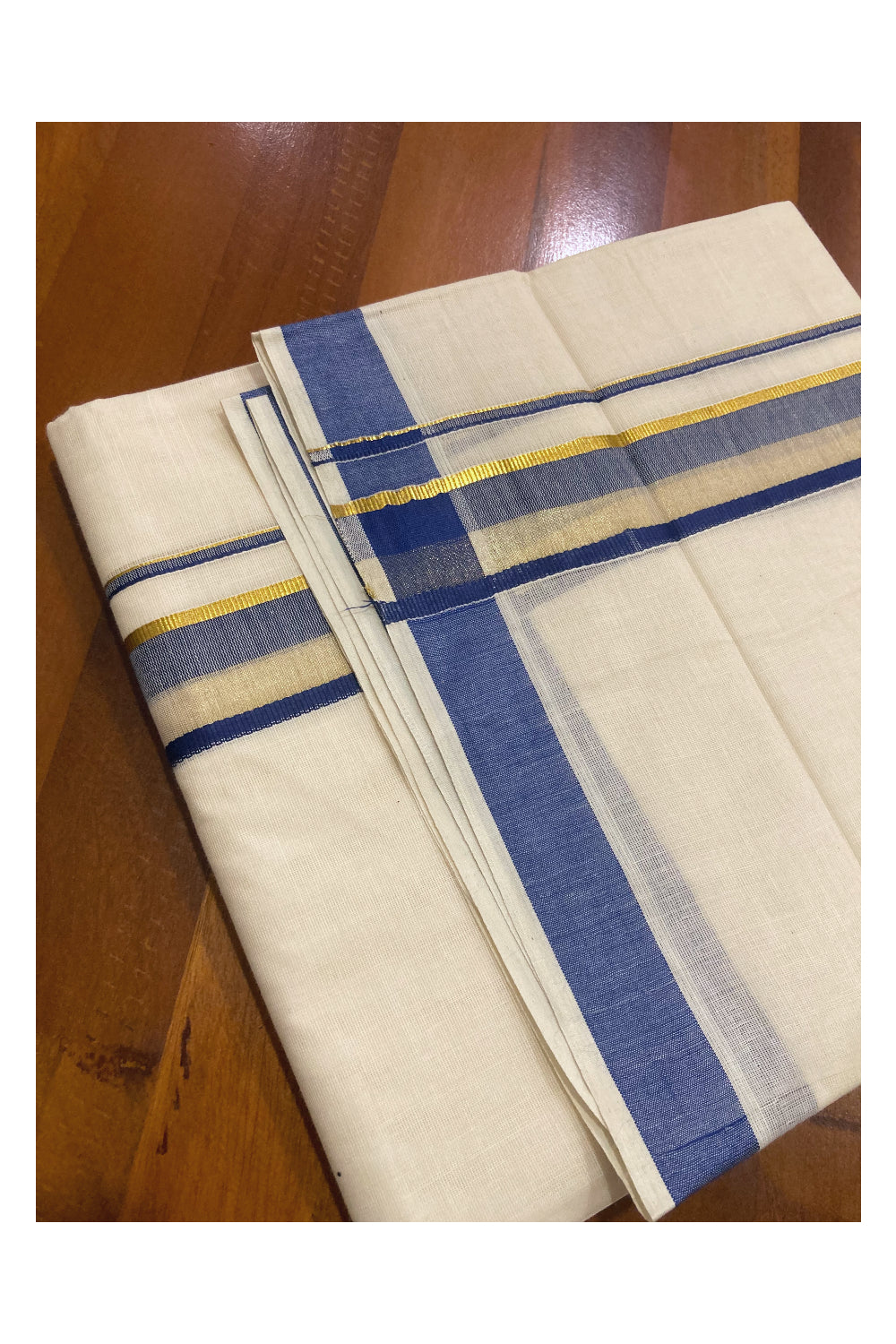 Off White Kerala Double Mundu with Blue and Kasavu Border (South Indian Dhoti)