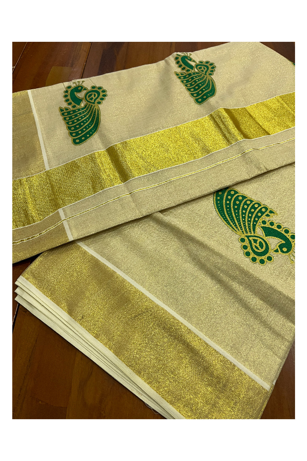 Kerala Tissue Kasavu Green Golden Peacock Block Printed Design Saree