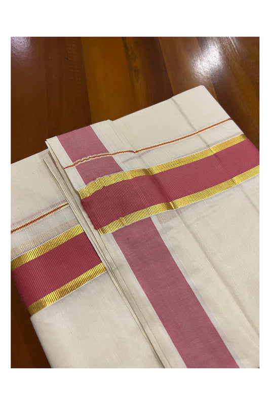 Off White Kerala Double Mundu with Kasavu and Pink Border (South Indian Dhoti)