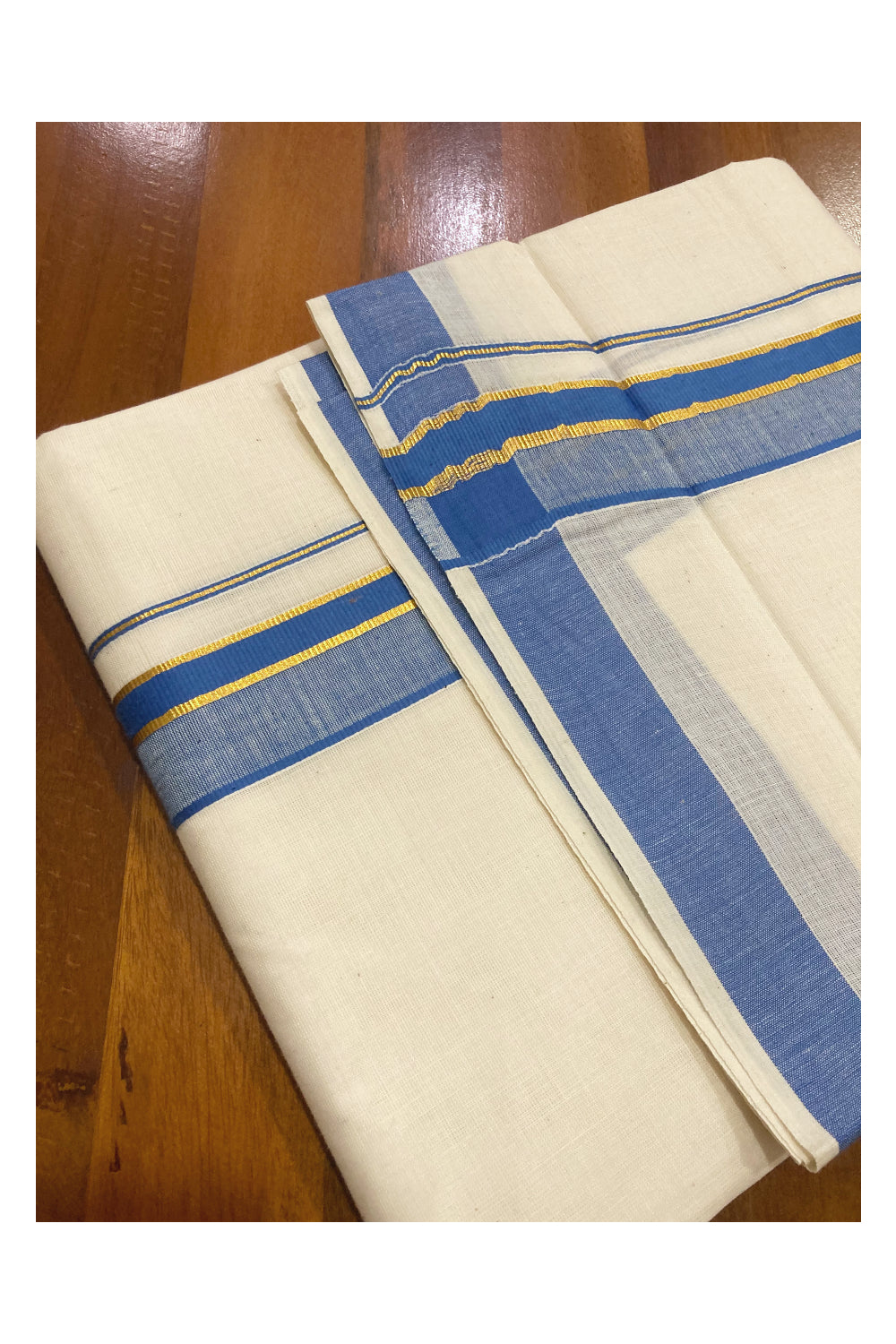 Off White Pure Cotton Double Mundu with Kasavu and Blue Border (South Indian Dhoti)