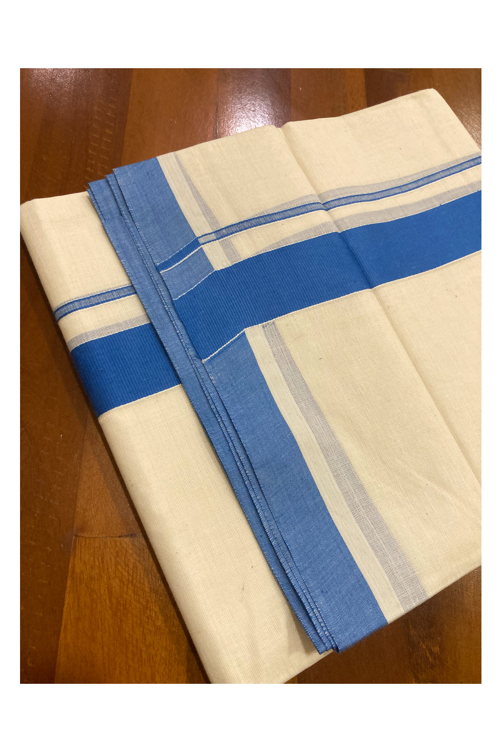 Off White Pure Cotton Double Mundu with Blue Border (South Indian Kerala Dhoti)