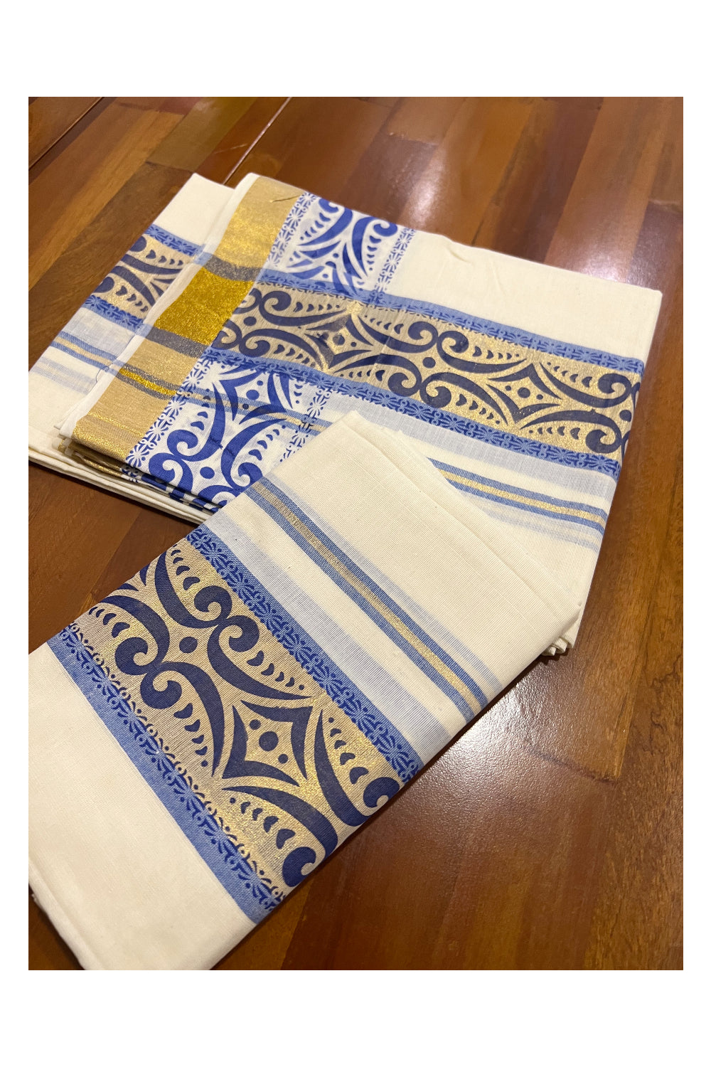 Kerala Cotton Kasavu Set Mundu (Mundum Neriyathum) with Blue Block Prints on Border