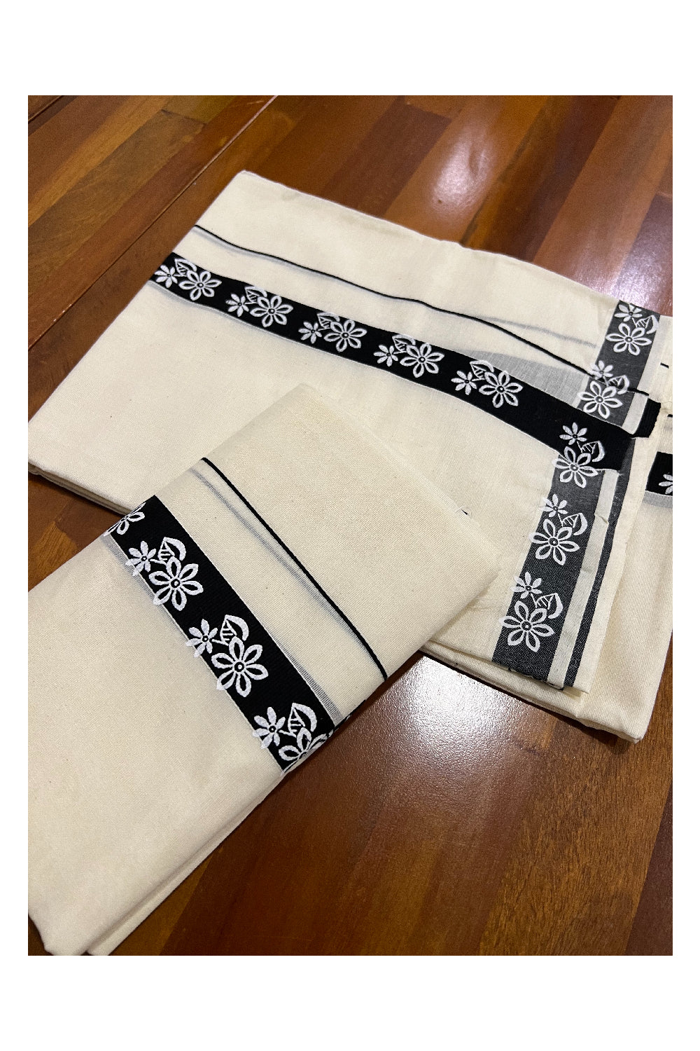 Pure Cotton Set Mundu (Mundum Neriyathum) with White Floral Block Prints on 1 inch Black Border