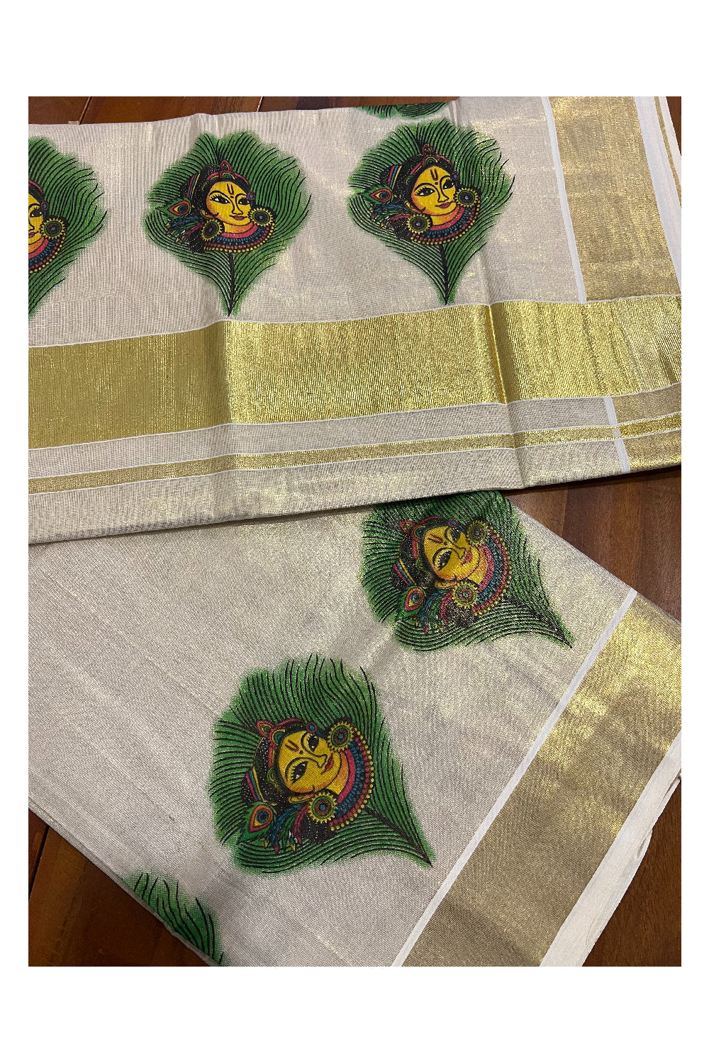 Kerala Tissue Kasavu Saree With Mural Krishna Face on Feather Design