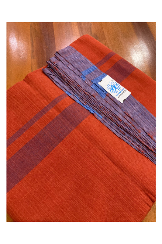 Southloom Premium Handloom Dark Orange Solid Single Mundu (Lungi) with Blue Border