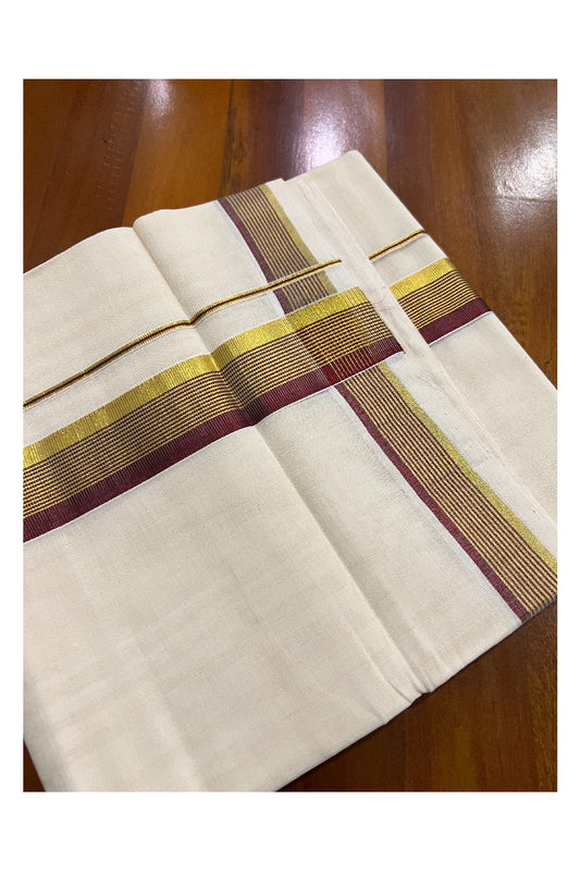 Southloom Balaramapuram Handloom Pure Cotton Mundu with Golden and Brown Kasavu Border (South Indian Kerala Dhoti)