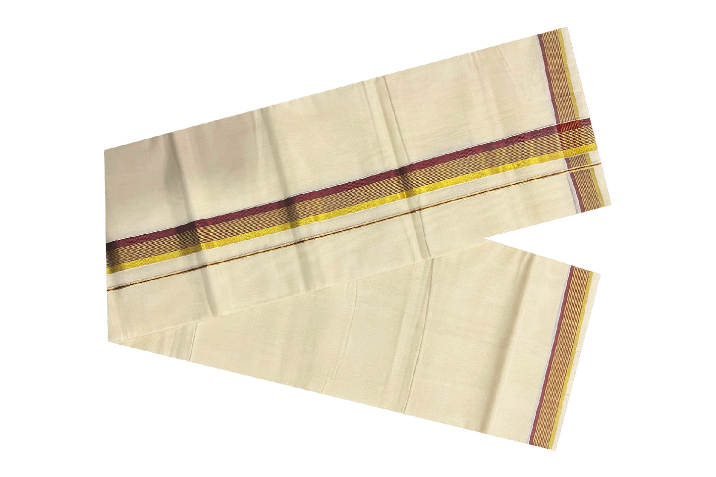 Southloom Balaramapuram Handloom Pure Cotton Mundu with Golden and Brown Kasavu Border (South Indian Kerala Dhoti)