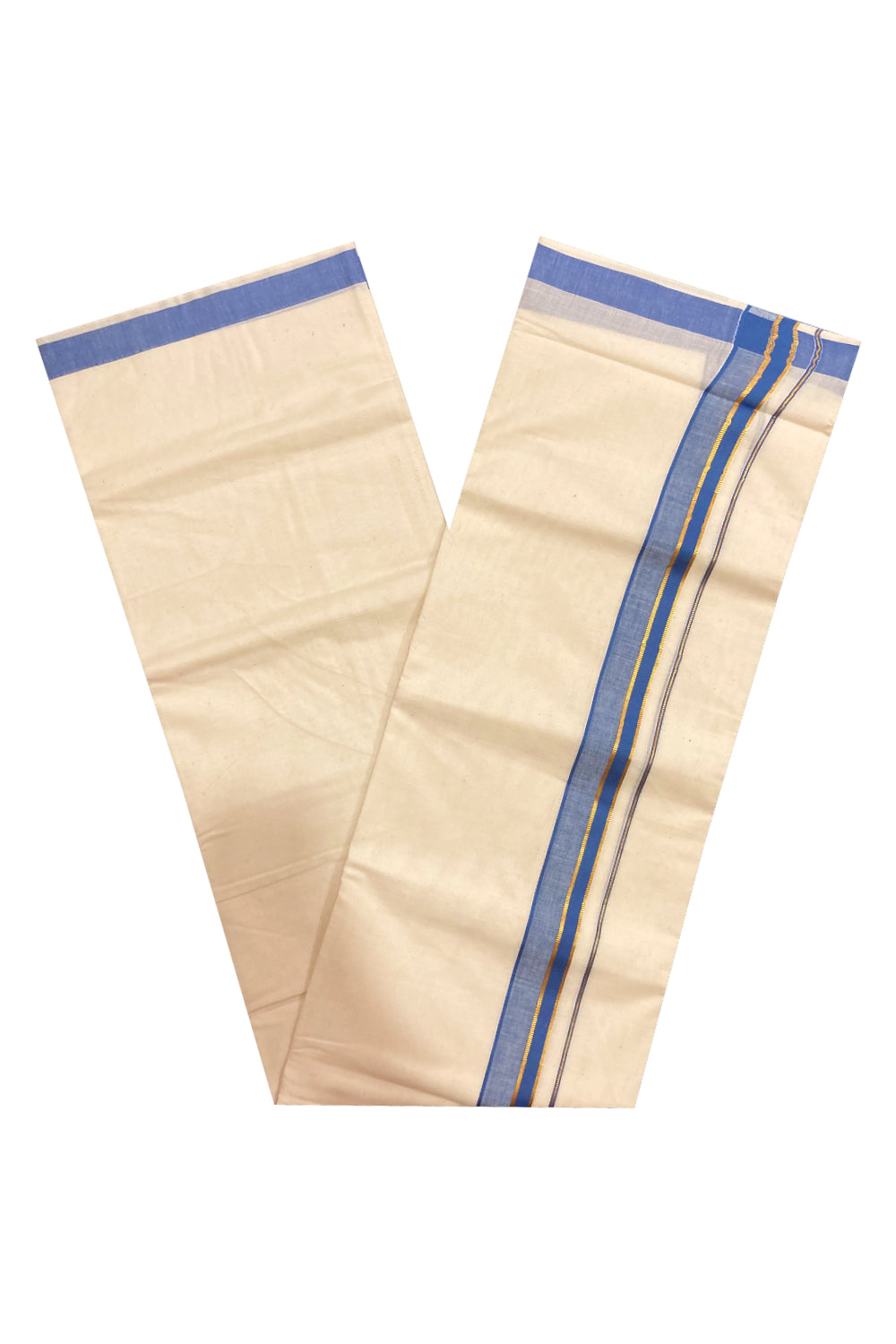 Off White Pure Cotton Double Mundu with Kasavu and Blue Border (South Indian Dhoti)