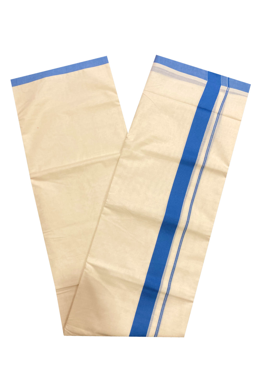 Off White Pure Cotton Double Mundu with Blue Border (South Indian Kerala Dhoti)