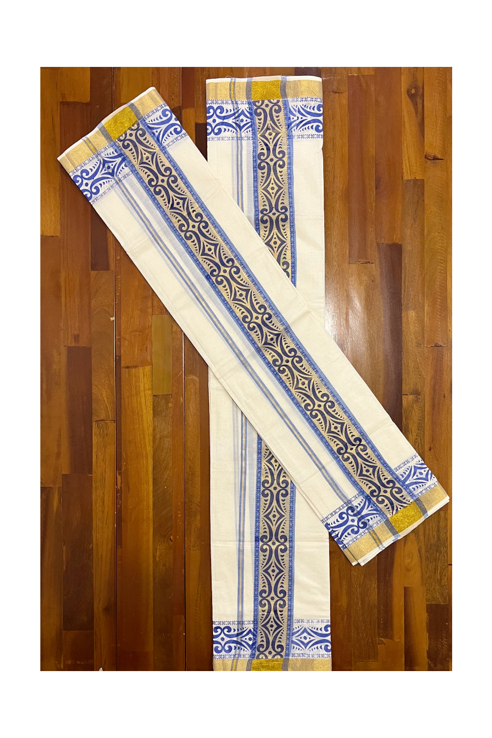 Kerala Cotton Kasavu Set Mundu (Mundum Neriyathum) with Blue Block Prints on Border