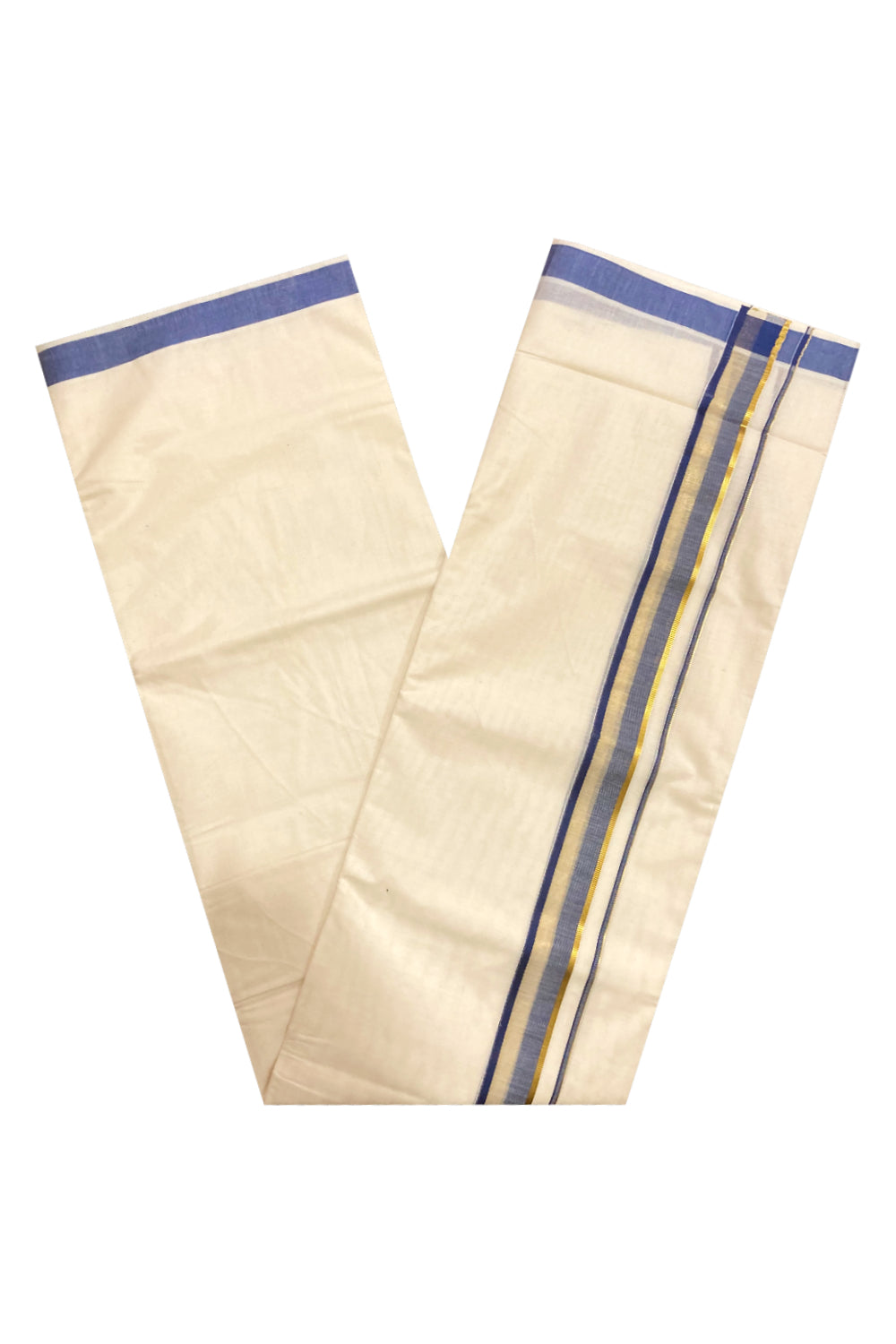 Off White Kerala Double Mundu with Blue and Kasavu Border (South Indian Dhoti)