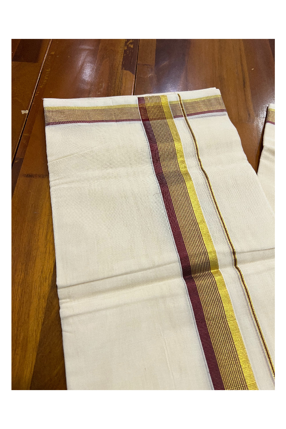 Southloom Balaramapuram Handloom Pure Cotton Mundu with Golden and Brown Kasavu Border (South Indian Kerala Dhoti)