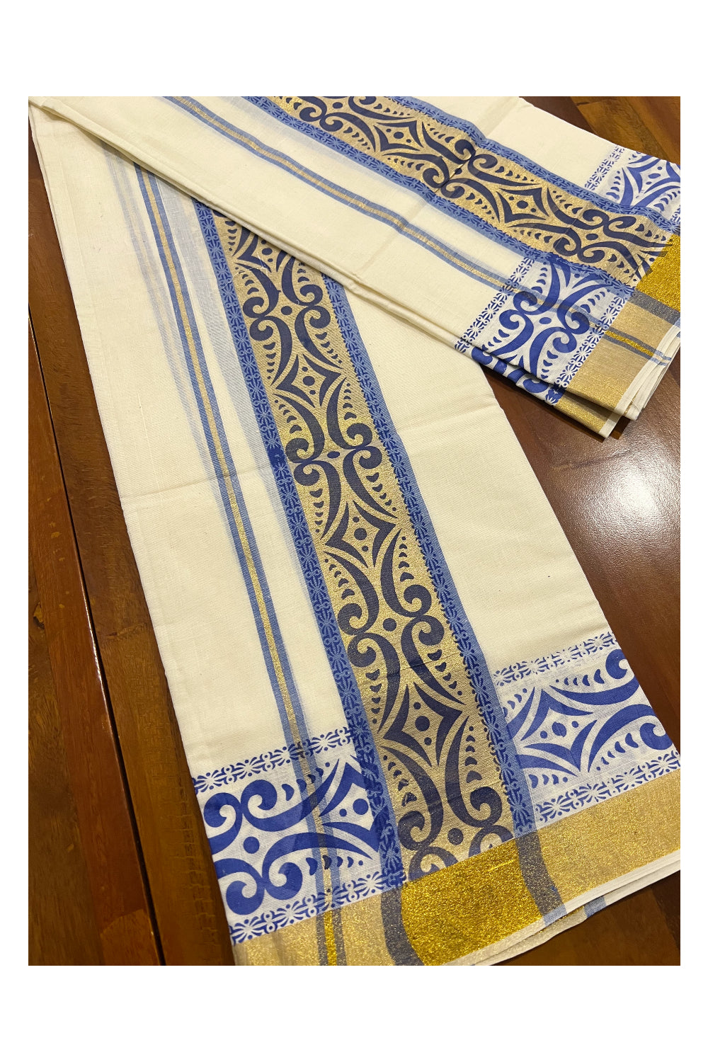 Kerala Cotton Kasavu Set Mundu (Mundum Neriyathum) with Blue Block Prints on Border