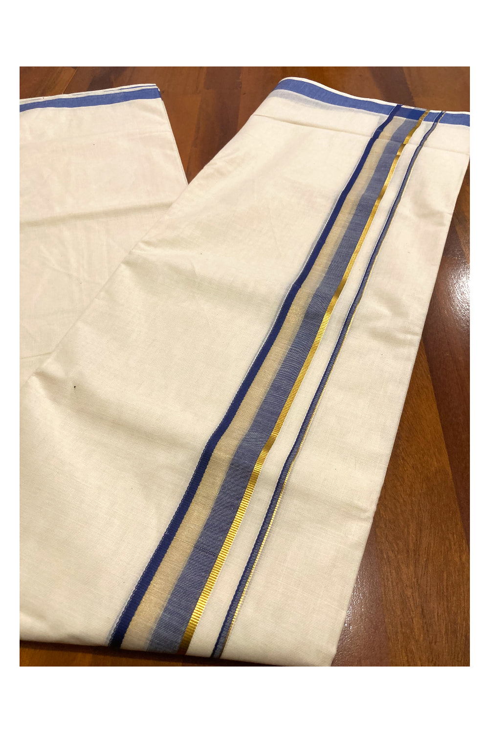 Off White Kerala Double Mundu with Blue and Kasavu Border (South Indian Dhoti)