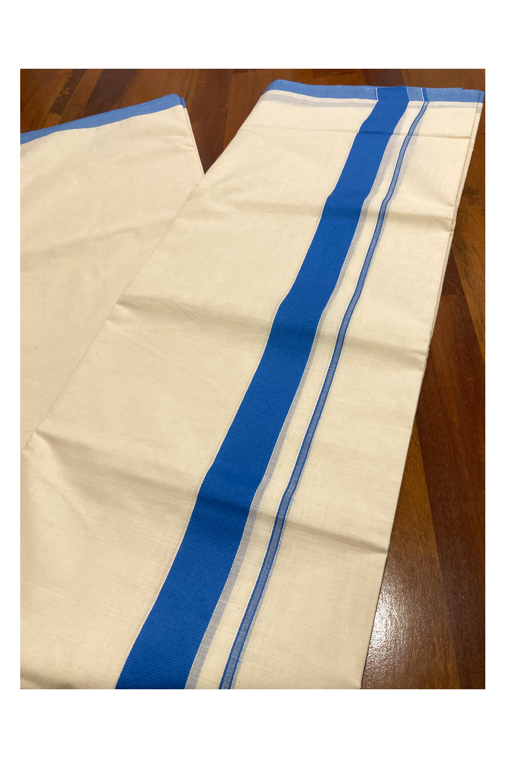 Off White Pure Cotton Double Mundu with Blue Border (South Indian Kerala Dhoti)