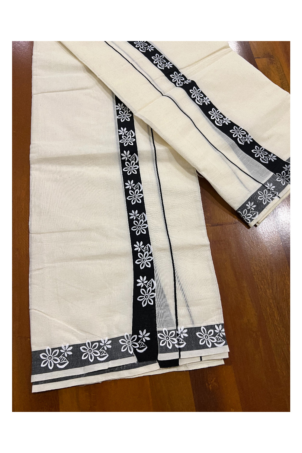 Pure Cotton Set Mundu (Mundum Neriyathum) with White Floral Block Prints on 1 inch Black Border