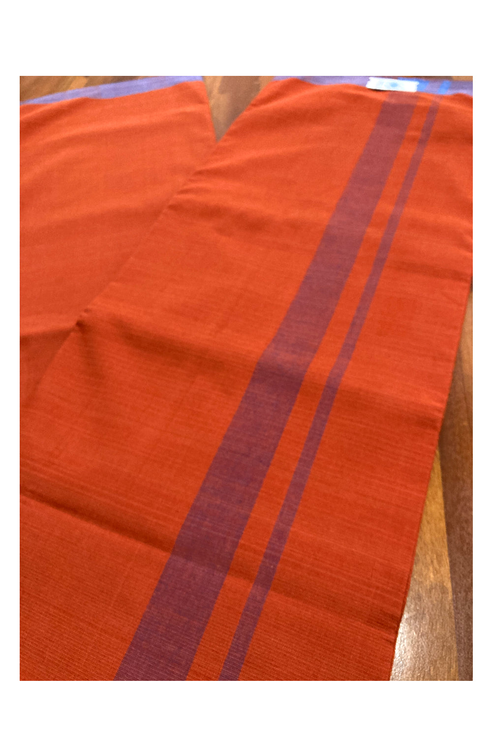 Southloom Premium Handloom Dark Orange Solid Single Mundu (Lungi) with Blue Border