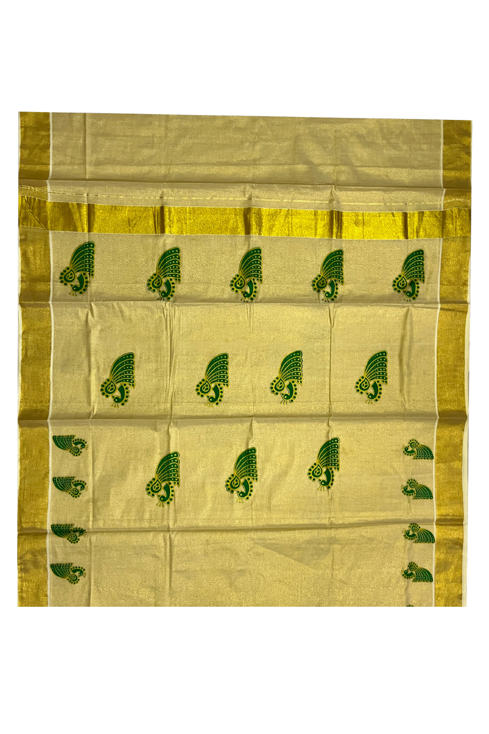 Kerala Tissue Kasavu Green Golden Peacock Block Printed Design Saree