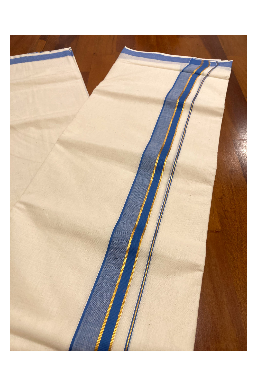 Off White Pure Cotton Double Mundu with Kasavu and Blue Border (South Indian Dhoti)