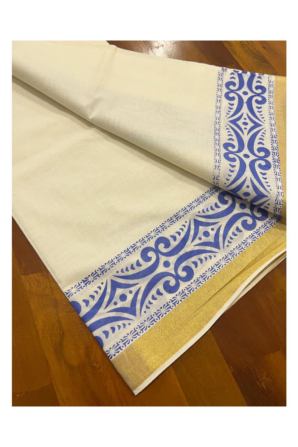 Kerala Cotton Kasavu Set Mundu (Mundum Neriyathum) with Blue Block Prints on Border