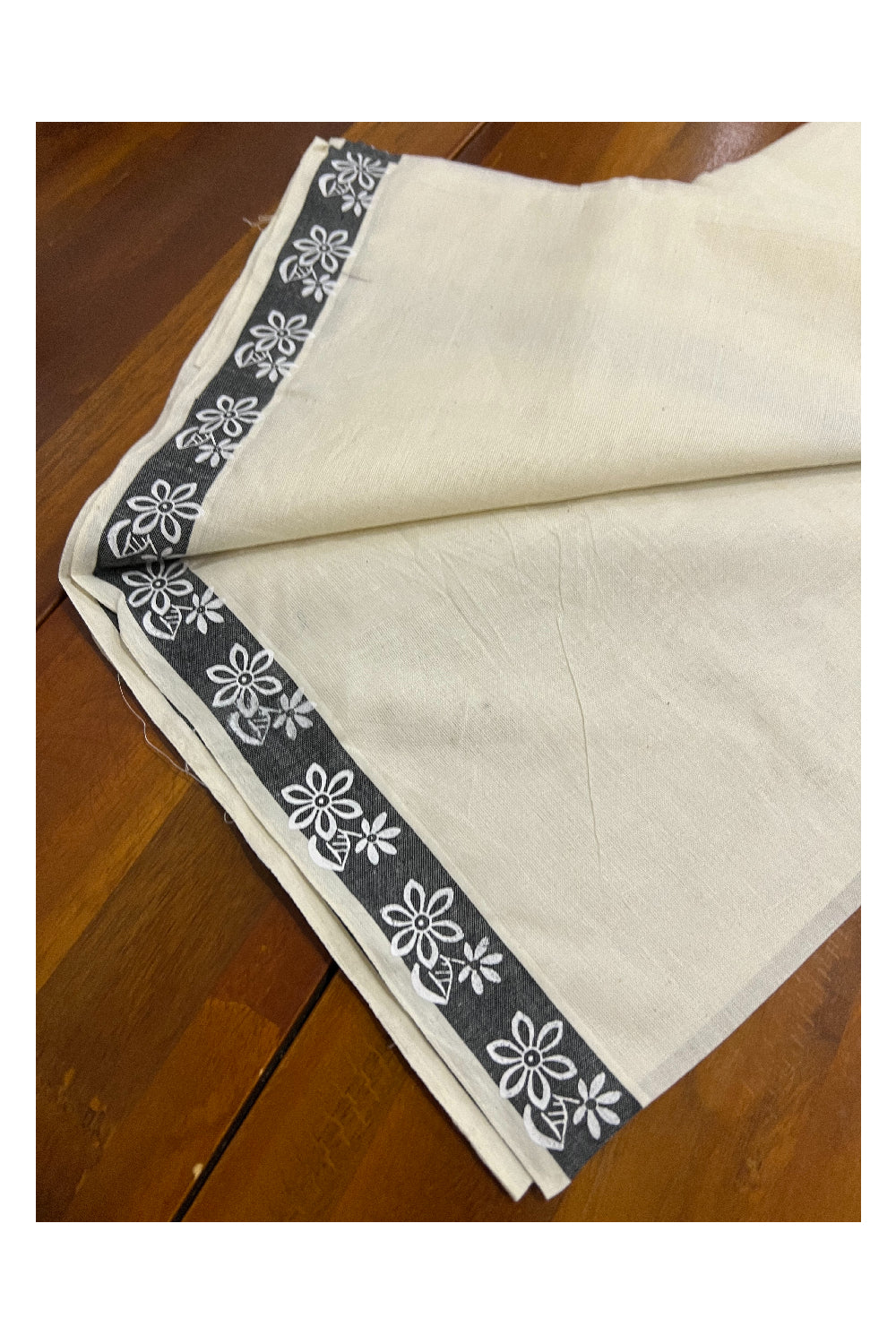 Pure Cotton Set Mundu (Mundum Neriyathum) with White Floral Block Prints on 1 inch Black Border