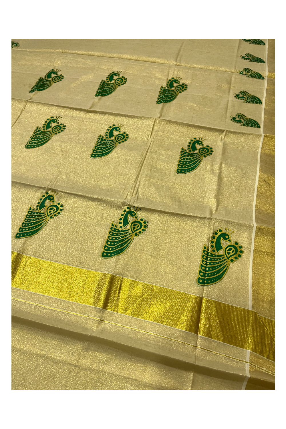 Kerala Tissue Kasavu Green Golden Peacock Block Printed Design Saree