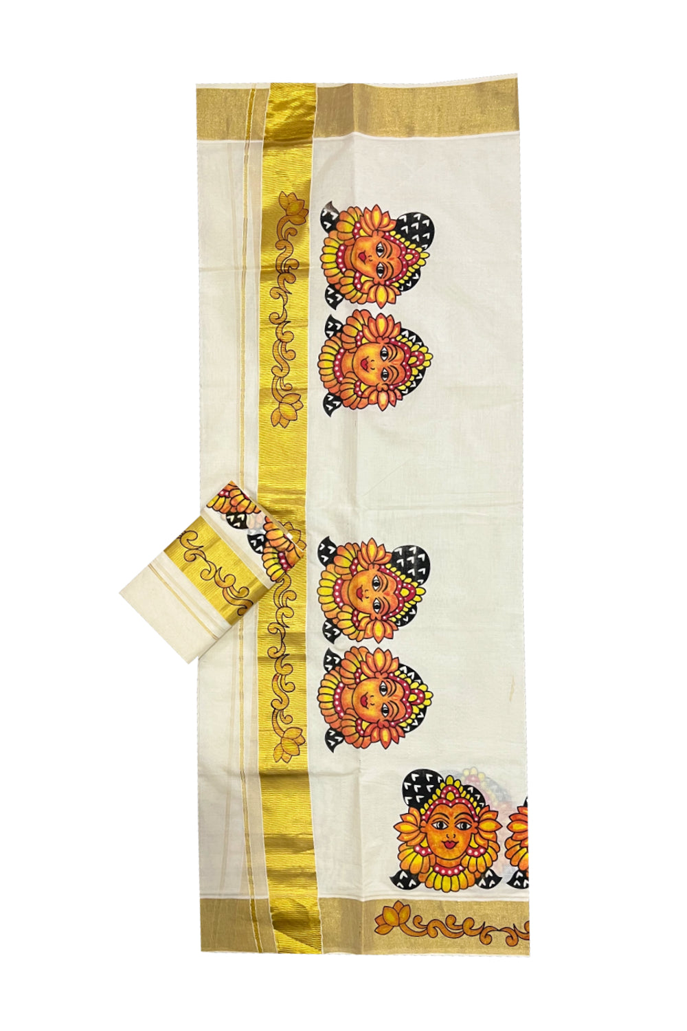 Pure Cotton Kasavu Set Mundu (Mundum Neriyathum) with Mural Prints on Border 2.80 Mtrs