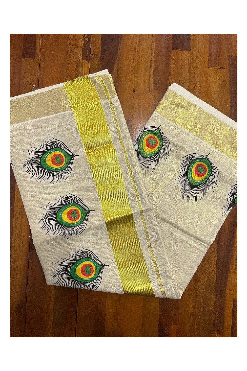 Kerala Tissue Kasavu Saree With Mural Peacock Feather Design