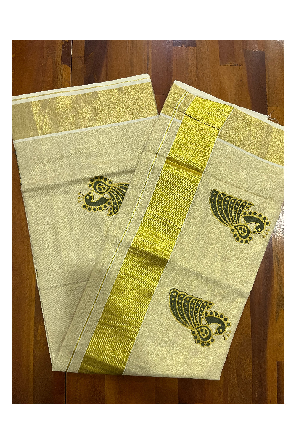 Kerala Tissue Kasavu Green Golden Peacock Block Printed Design Saree