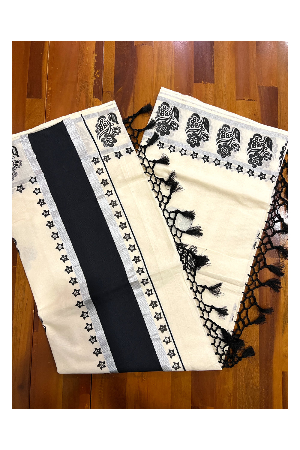 Pure Cotton Kerala Saree with Silver Kasavu Black Floral Block Prints on Border and Tassels Works