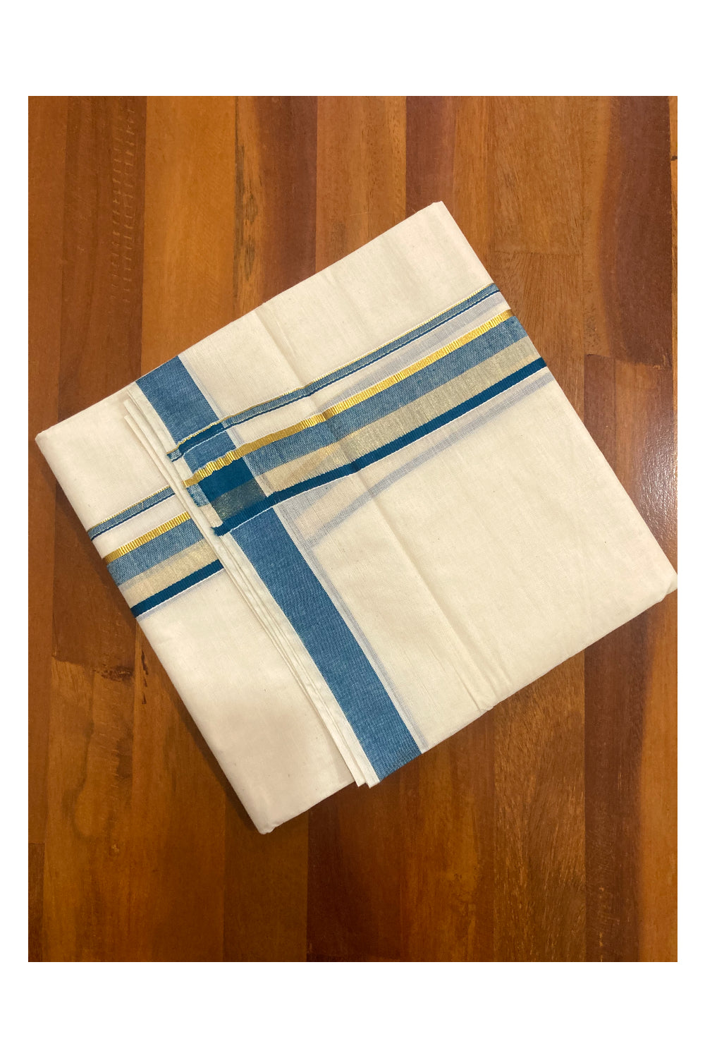 Off White Kerala Double Mundu with Blue and Kasavu Border (South Indian Dhoti)