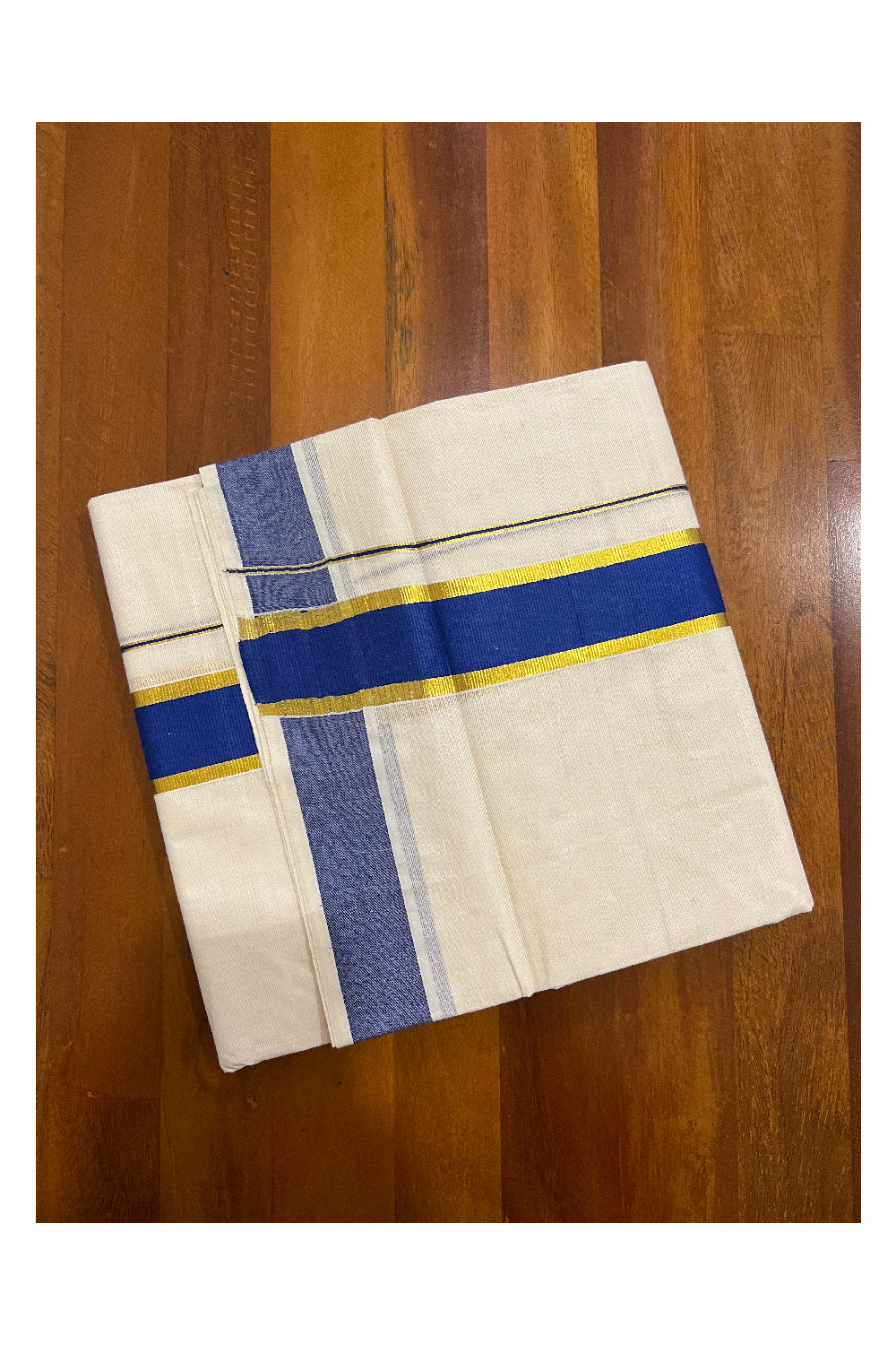 Off White Kerala Double Mundu with Kasavu and Dark Blue Border (South Indian Dhoti)