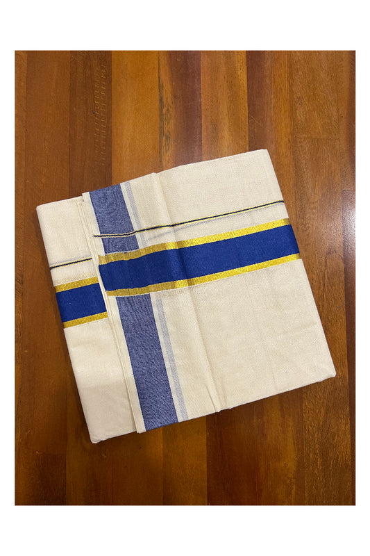 Off White Kerala Double Mundu with Kasavu and Dark Blue Border (South Indian Dhoti)