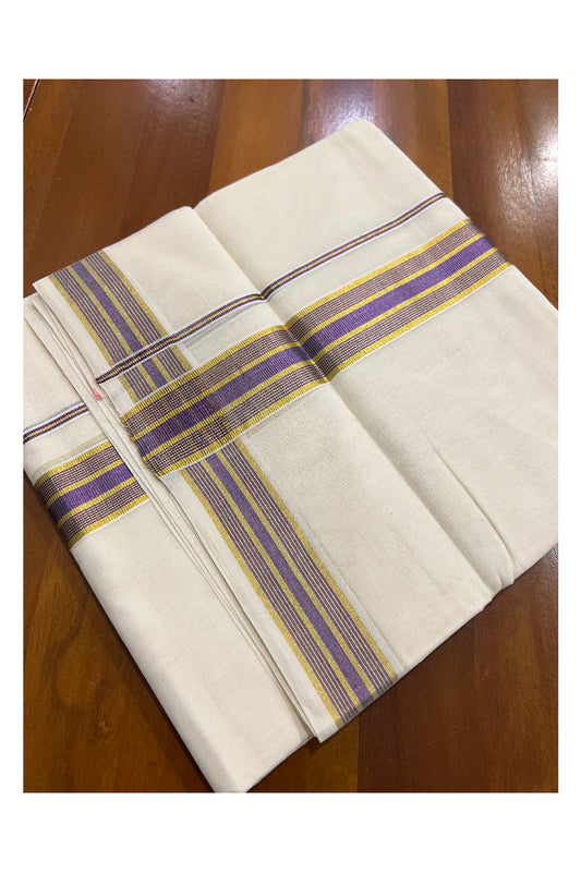 Southloom Balaramapuram Handloom Pure Cotton Mundu with Golden and Violet Kasavu Border (South Indian Dhoti)