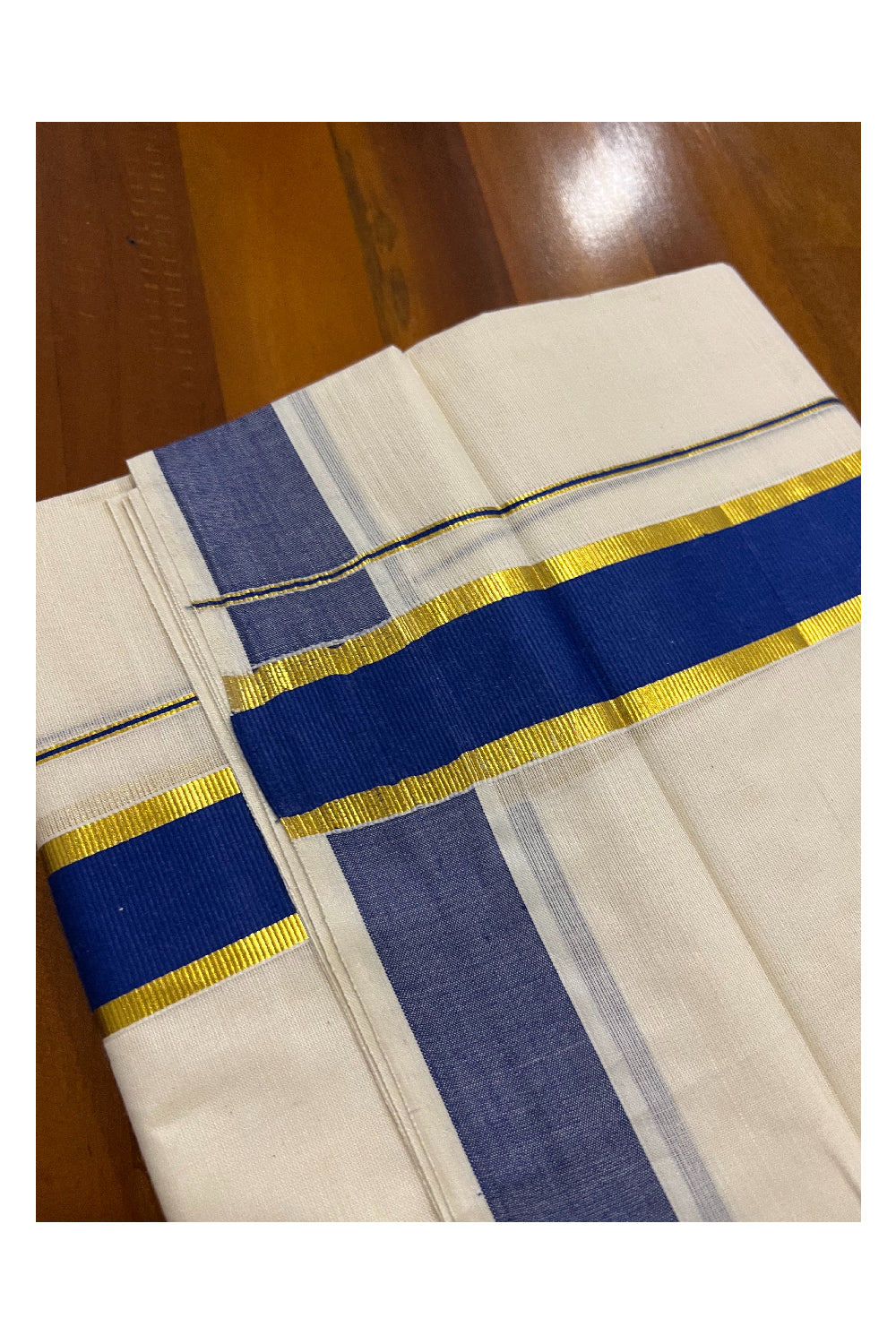 Off White Kerala Double Mundu with Kasavu and Dark Blue Border (South Indian Dhoti)