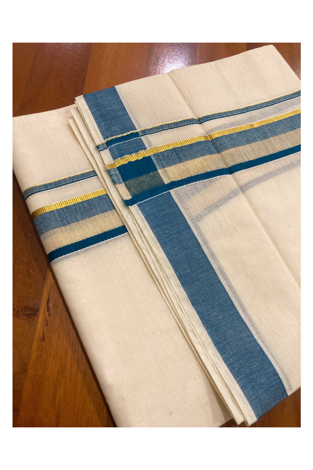 Off White Kerala Double Mundu with Blue and Kasavu Border (South Indian Dhoti)