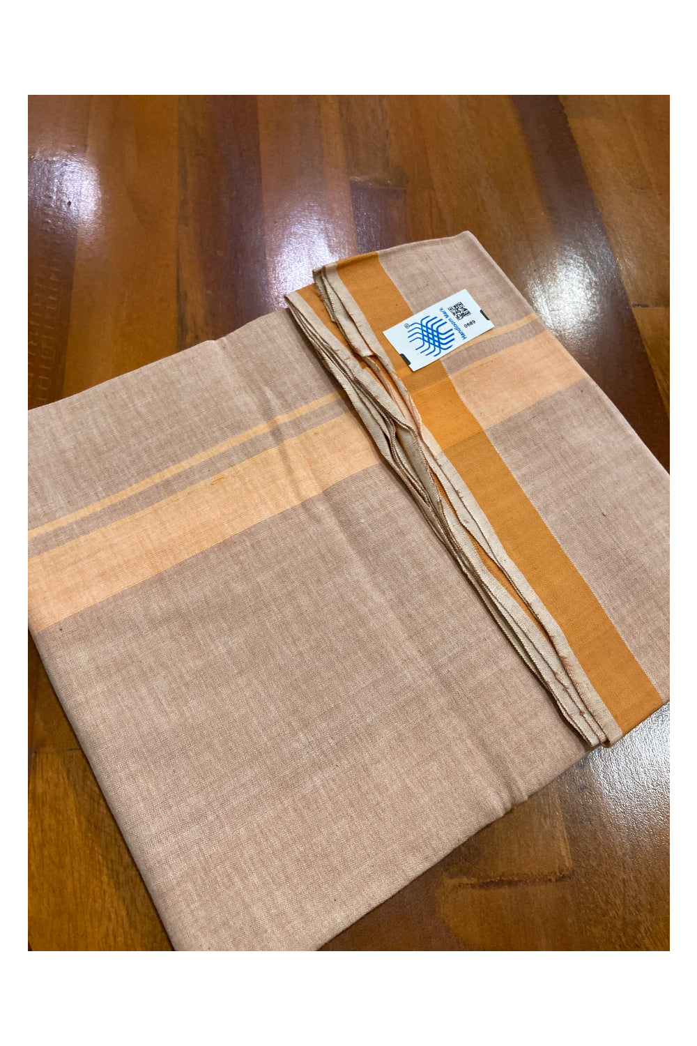 Southloom Premium Handloom Beige Solid Single Mundu (Lungi) with Orange Border