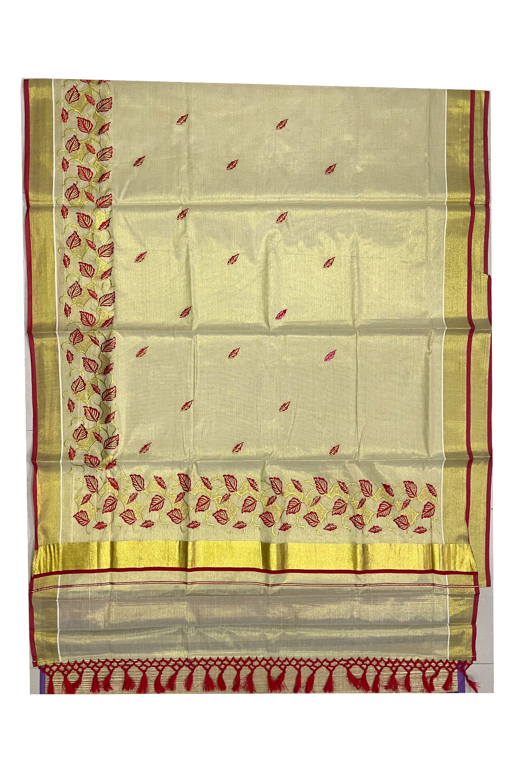 Kerala Tissue Kasavu Heavy Work Saree with Golden and Red Leaf Embroidery Design