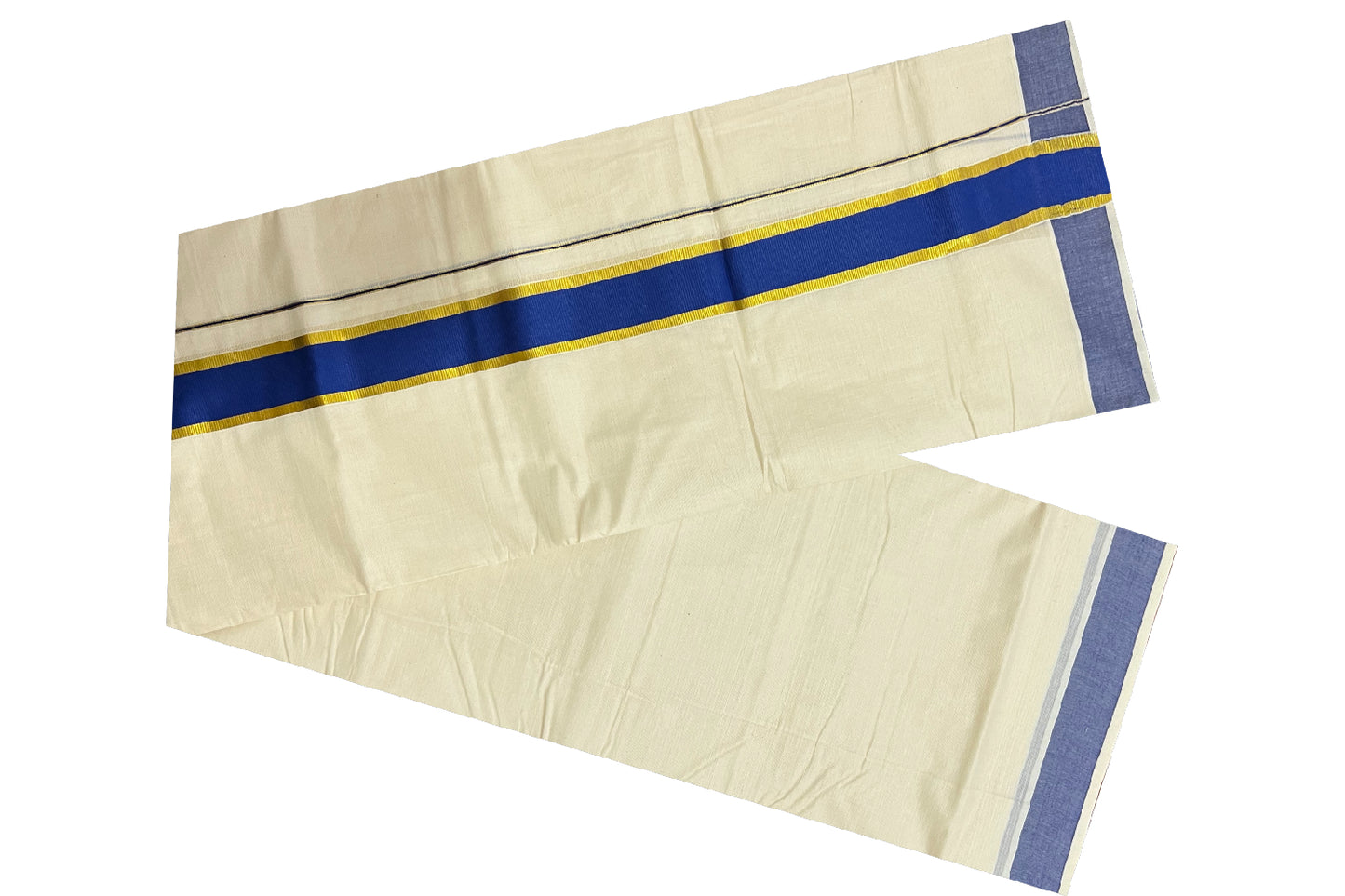 Off White Kerala Double Mundu with Kasavu and Dark Blue Border (South Indian Dhoti)