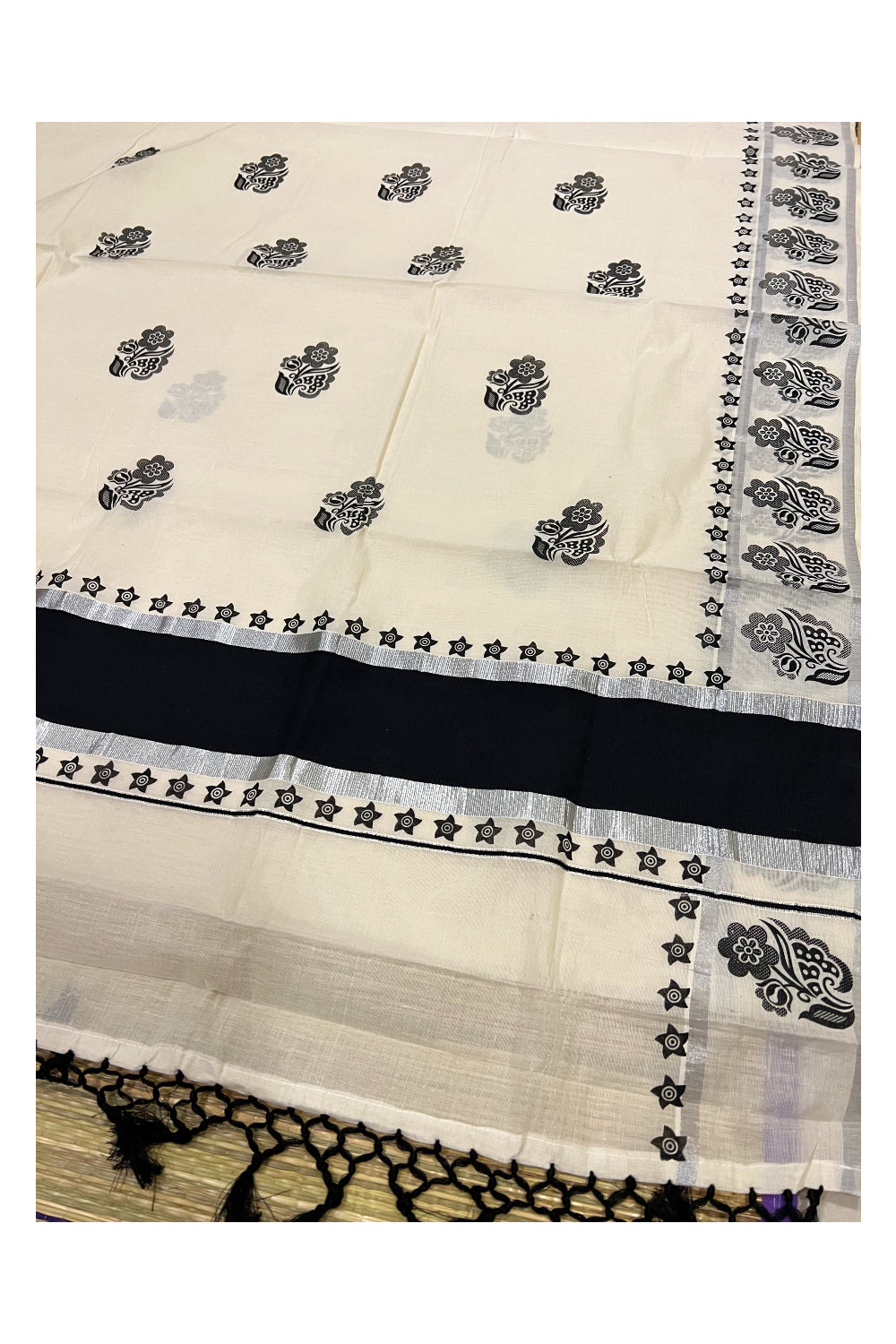 Pure Cotton Kerala Saree with Silver Kasavu Black Floral Block Prints on Border and Tassels Works